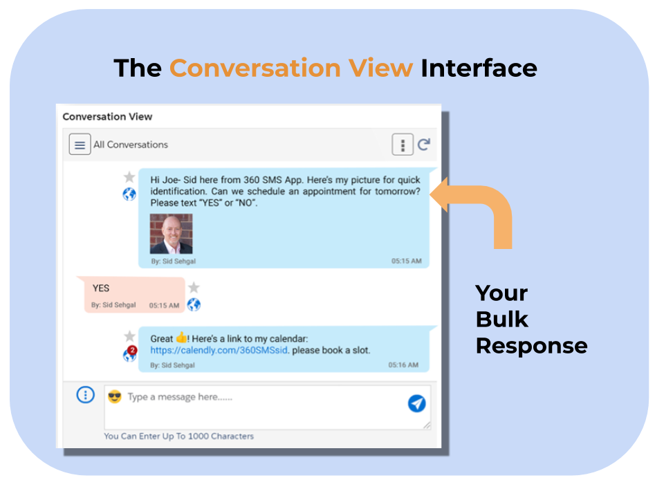 360 Sms App the conversation view interface