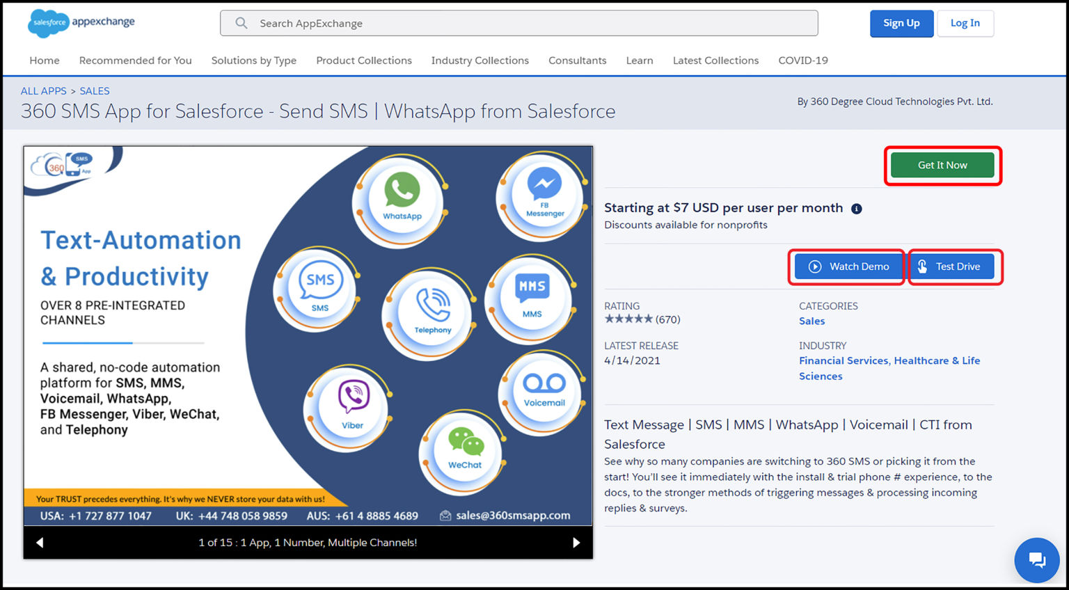 360 Sms App,Watch Demo and test drive options in Appexchange listings