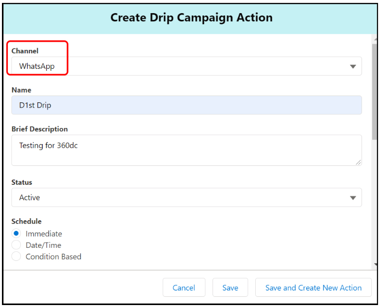 WhatsApp tab while configuring action for each SMS in a drip campaign