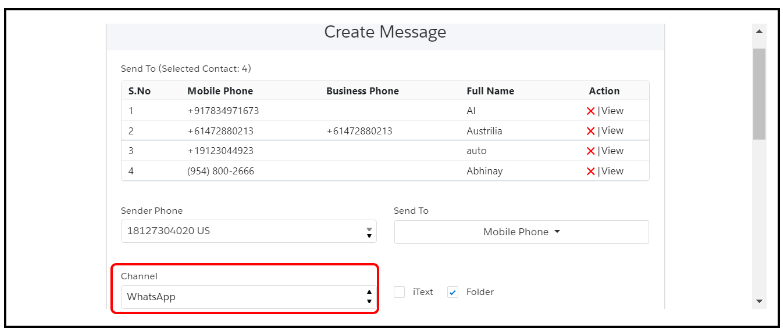 Channel tab while sending bulk SMS from Conversation Manager