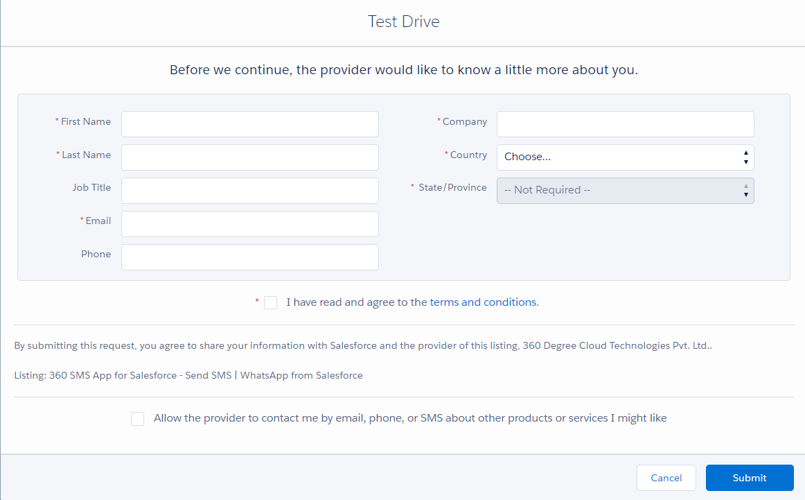 Form for 360 SMS test drive