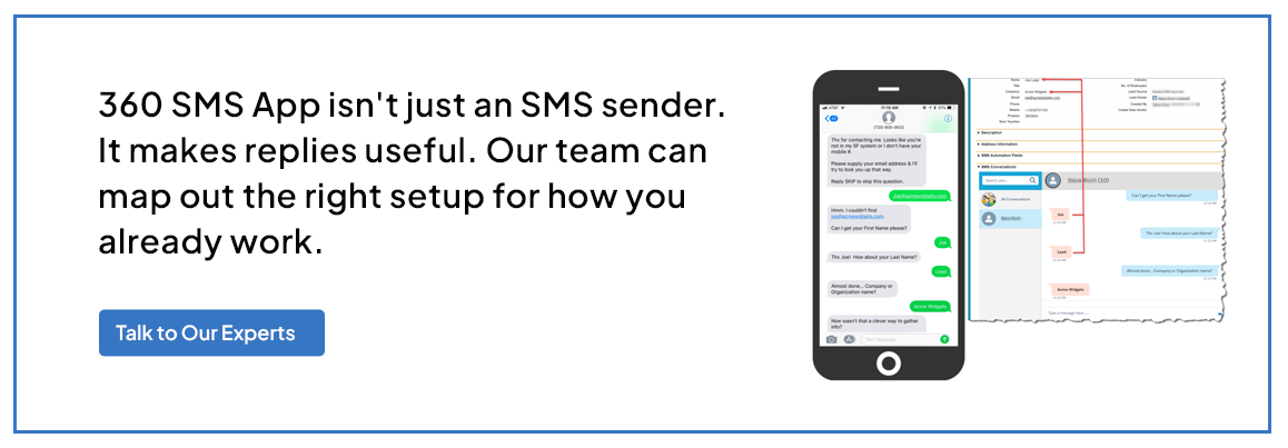 360 SMS App isn't just an SMS sender. It makes replies useful.
Our team can map out the right setup for how you already work.