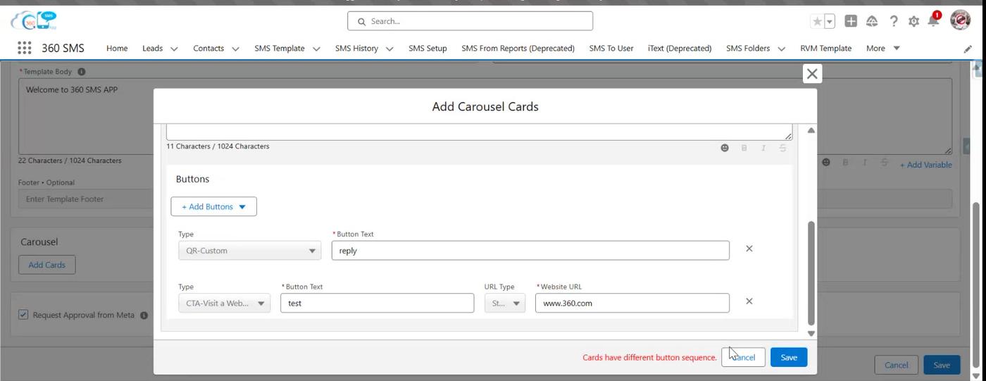 Two buttons configured on a Carousel card - Quick Reply and Call-to-Action (Visit Website)