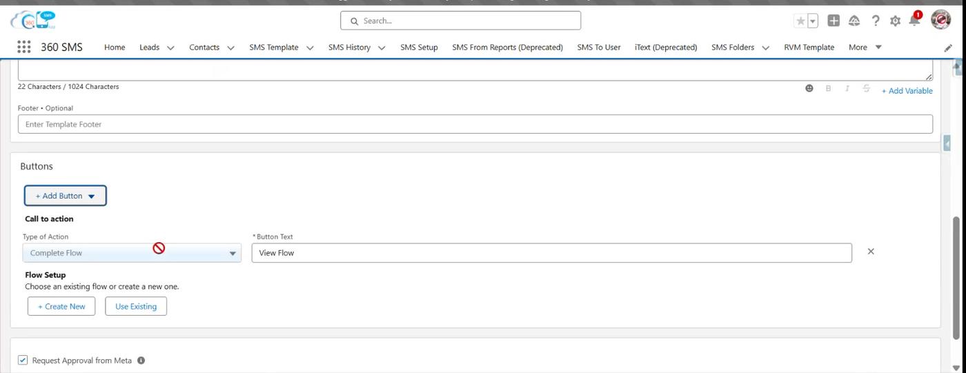 Call to action button - Type of Action set to Complete Flow, with the Flow Setup options