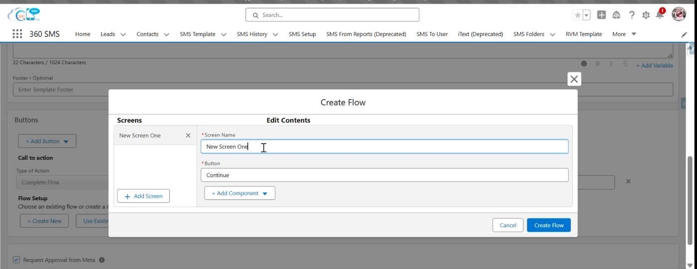 Create Flow builder - Screens / Edit Contents tabs, Screen Name, and default Continue button