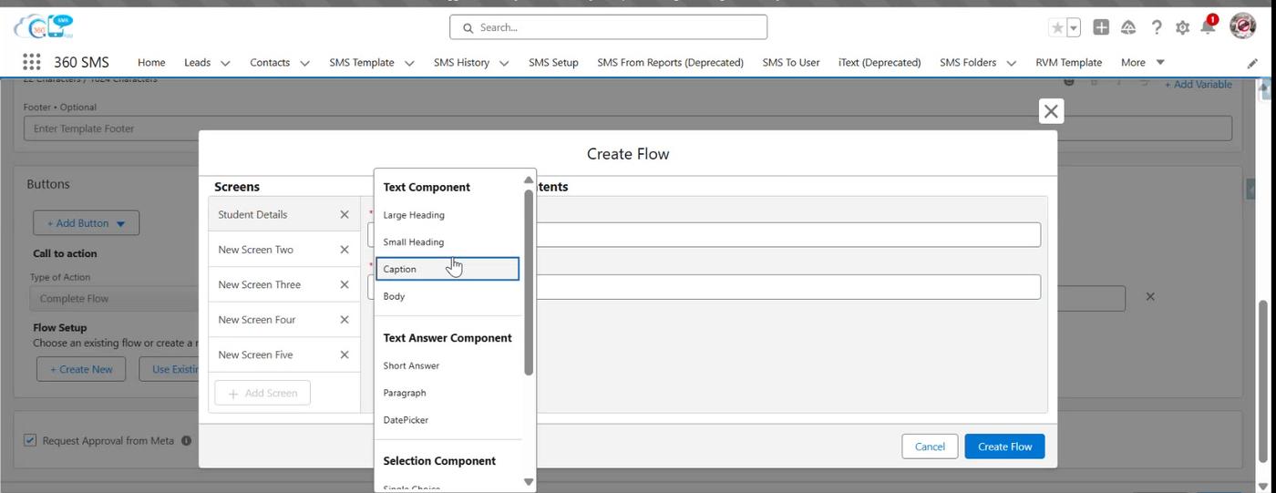 Add Component - Text Component options (Large Heading, Small Heading, Caption, Body)