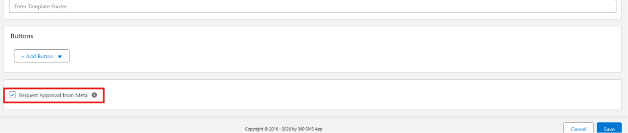 Request Approval from Meta checkbox at the bottom of the Create Template form