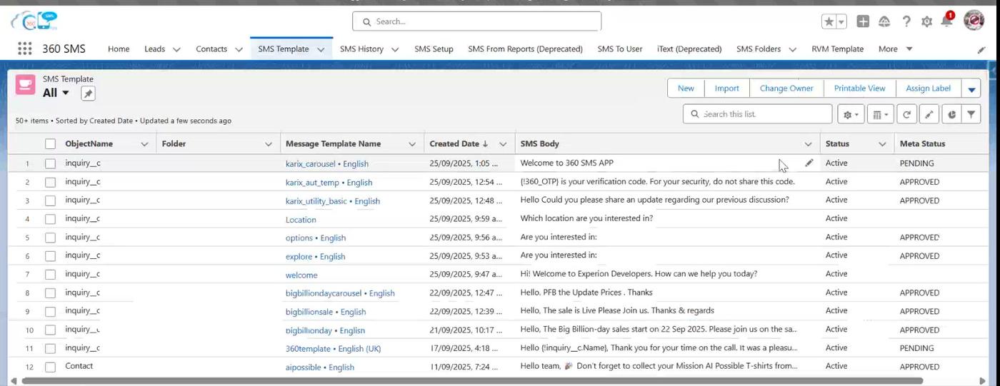 SMS Template list view - Status and Meta Status columns