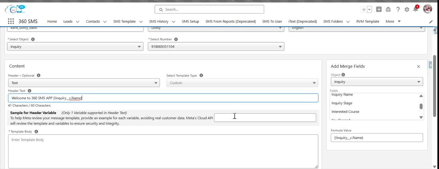 Utility template - header text with a merge field and its required sample value