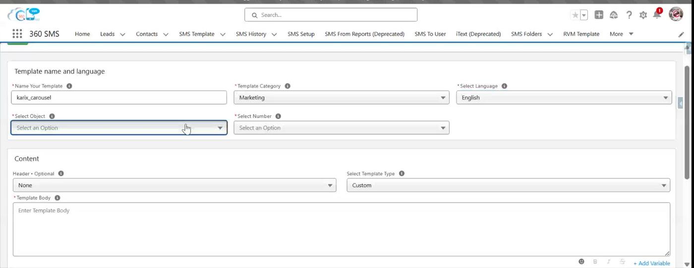 Select Template Type - Custom vs. Carousel (Marketing category)