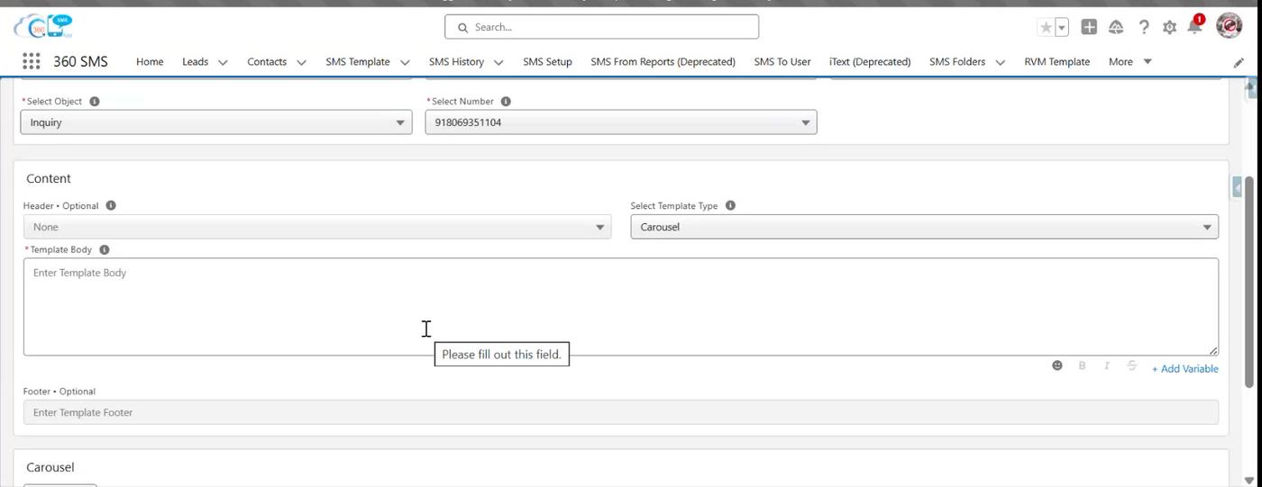 Add Carousel Cards - Card 1 / Card 2 tabs, image upload, and card body