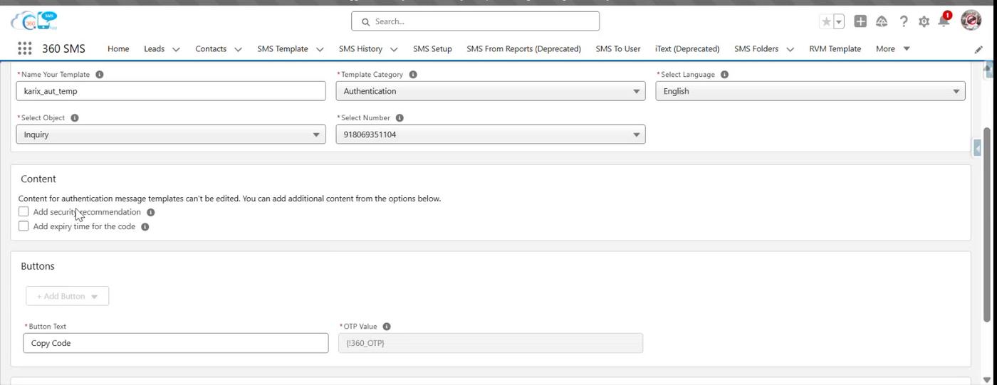 Authentication content options - security recommendation and code-expiry toggle