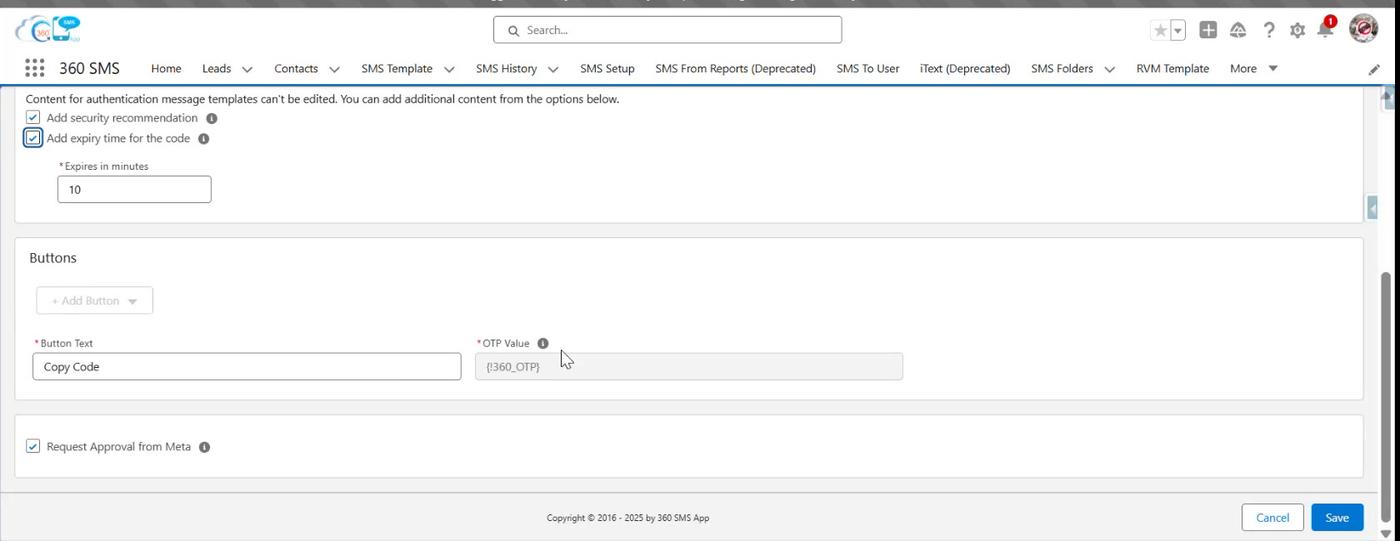 Authentication buttons - fixed Copy Code button with the OTP merge field
